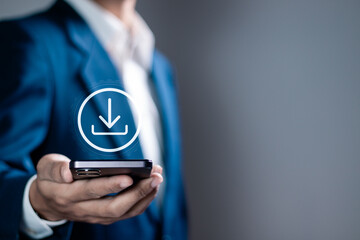 Businessman using smartphone to downloading data or documents files. cloud storage technology, backup cyber security system.