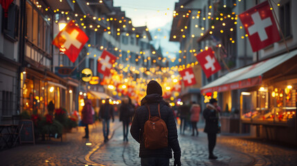 The street in Switzerland is decorated with the flag of the Swiss National Day