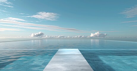 Obraz premium A tranquil infinity pool blends seamlessly with the vast blue sky and fluffy white clouds, creating an illusion of endlessness.