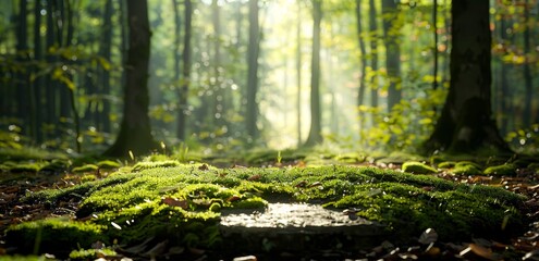 Obraz premium Sunbeams pierce through a lush green forest, illuminating a vibrant carpet of moss and fallen leaves on the forest floor.