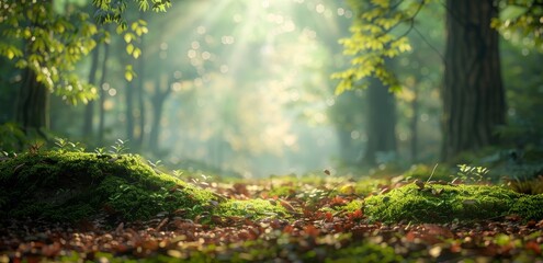 Obraz premium A sun-drenched forest path, lined with lush green moss and fallen leaves, leads through a tranquil woodland, sunlight filtering through the trees.