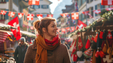 The street in Switzerland is decorated with the flag of the Swiss National Day
