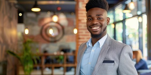 Fototapeta premium A man stands in a cafe, smiling confidently at the camera. The cafe is brightly lit with warm lighting