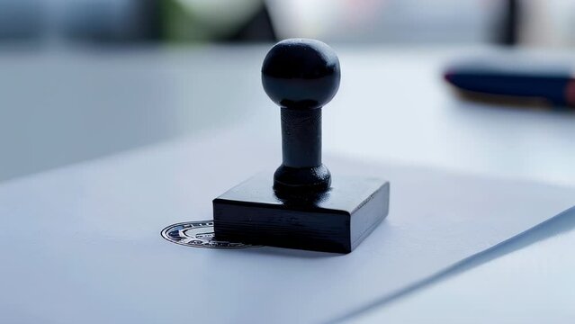 Black stamp on white document with blurred background