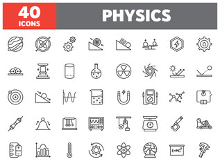 Set of 40 line icons physics. Outline icon collection. Editable stroke. Vector illustration.