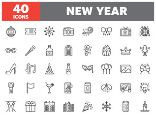Set of 40 line icons new year. Outline icon collection. Editable stroke. Vector illustration.