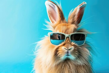 Fluffy bunny wearing trendy sunglasses, relaxing on a blue background, with detailed fur and a happy expression