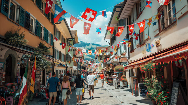 The street in Switzerland is decorated with the flag of the Swiss National Day