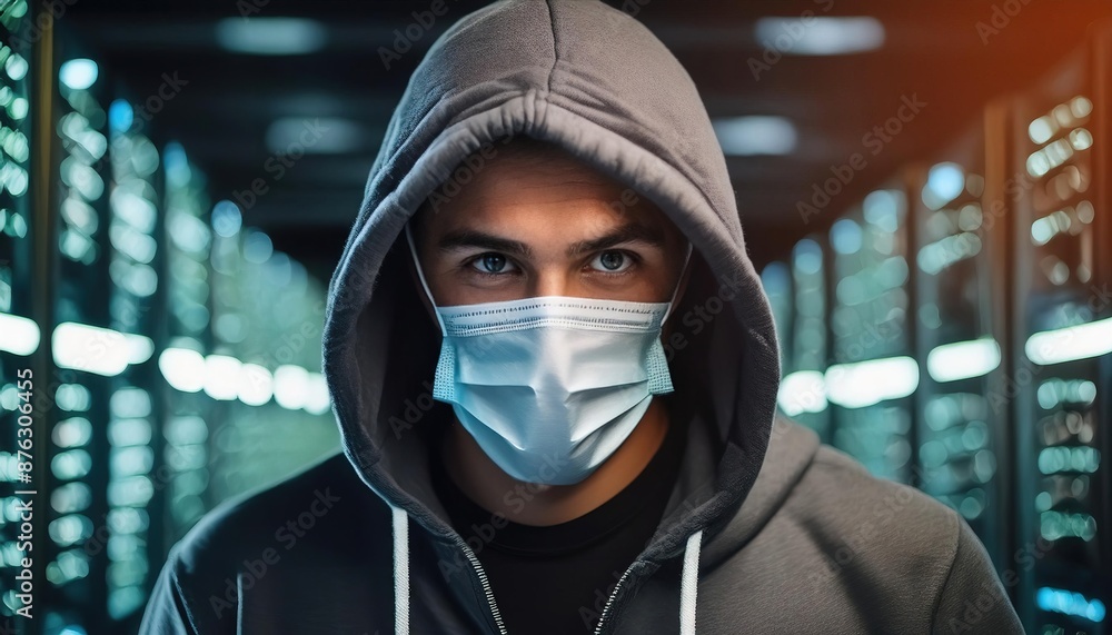 Poster hacker in data center wearing mask