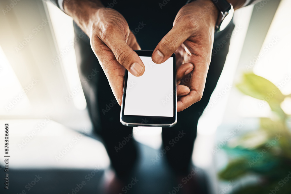 Poster screen, hands and typing with cellphone, display and pre approved loan for small business, email and