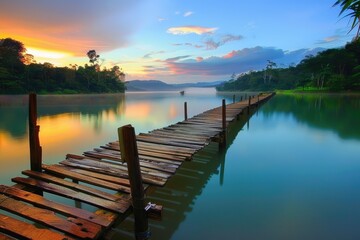 Fototapeta premium Peaceful dock extending into a lake with a stunning sunset background