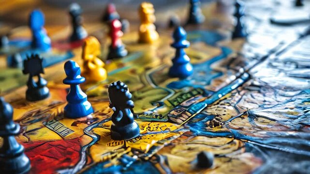 Colorful board game pieces on detailed map