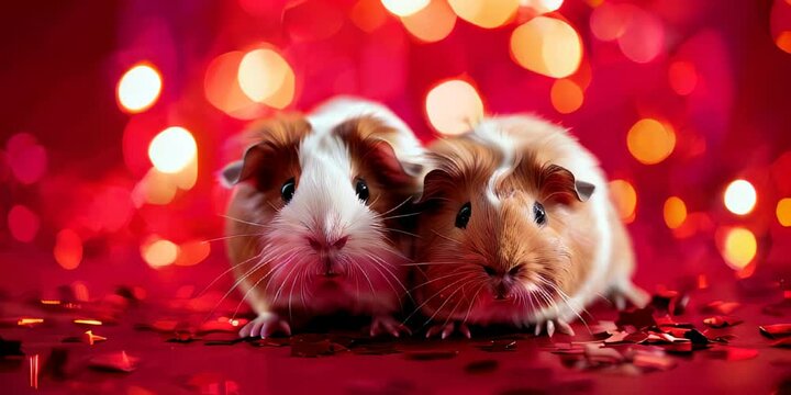 Two guinea pigs against red bokeh background with scattered confetti