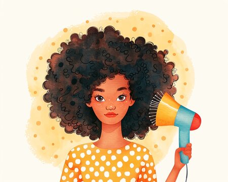 Woman with curly hair using a diffuser to enhance her curls, curly hair care, hairstyling