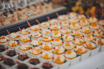 Beautifully decorated catering banquet table with different food snacks and appetizers on corporate christmas birthday party event or wedding celebration. Fingerfood - savory snacks for party buffet