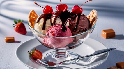 Decadent Multi-Flavored Ice Cream Sundae with Cherries and Chocolate Toppings in Elegant Glass Bowl