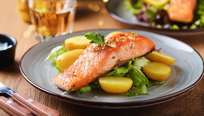 Fried salmon fish with fresh salad and potato. Tasty dish. Delicious food for healthy meal. Close-up.