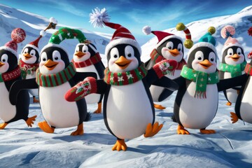 Fototapeta premium Happy Holiday Penguins Dancing in Winter Wonderland, Perfect for Christmas Cards and Seasonal Designs