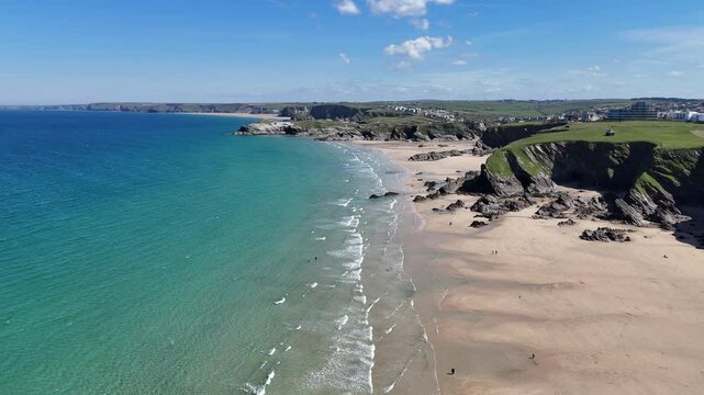 Towan Beach in Cornwall, Newquay's most central beach sheltered by Towan Head. Filmed with 4K drone