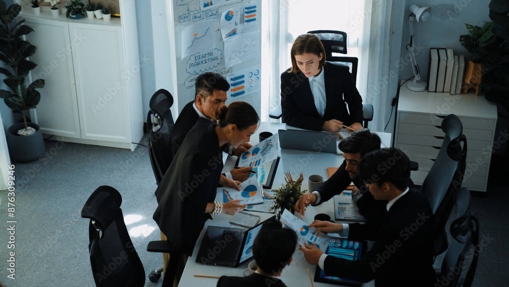 Poster top view of investor handed financial document to manager while explain marketing idea at meeting ta