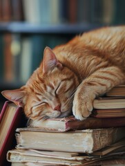 orange tabby cat dozing on a stack of books in the library