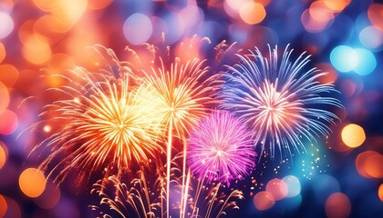 Naklejka premium Fireworks Display with Colorful Lights in Background