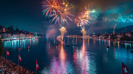 Fireworks in honor of the Swiss National Day on August 1
