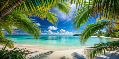 Tropical Paradise Palm Leaves Framing a Tranquil Beach Scene, Palm Trees, Turquoise Water, White Sand , paradise , tropical , beach , vacation