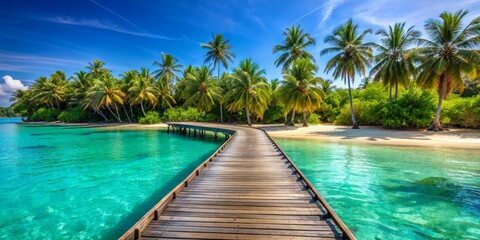 Tropical Paradise Wooden Pathway to Serenity, Palm Trees, Turquoise Lagoon, Wooden Bridge, Tropical Island, Paradise Beach