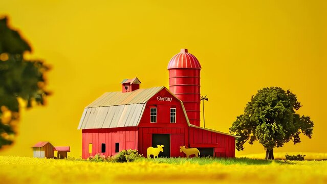 Red barn with silo on farm, sheep, trees, and yellow sky in background
