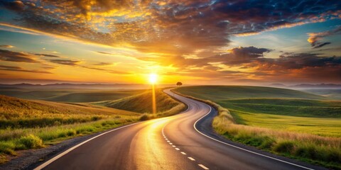 Fototapeta premium Winding Road to Golden Sunset, Landscape Photography, Country Road, Summer Road Trip, Nature Photography