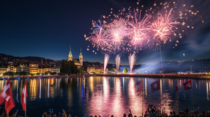 Fireworks in honor of the Swiss National Day on August 1