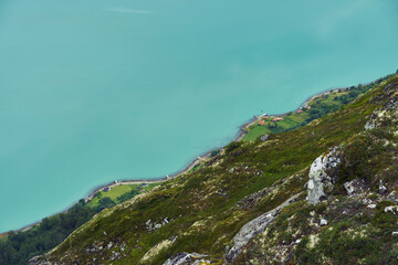 Farms by the Lustrafjorden Fjord, part of the Sognefjorden Fjord, Western Norway. Seen from Molden Mountain.
