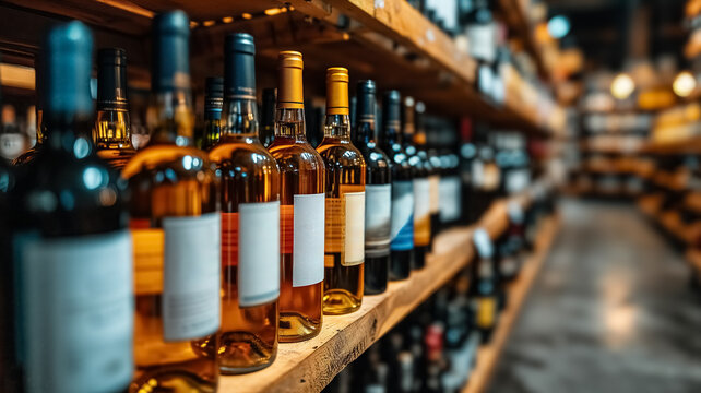 Bottles of whiskey or bourbon on a liquor store shelf.