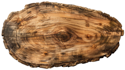 Freigestellte Baumstammscheibe mit sichtbaren Jahresringen und Textur.

