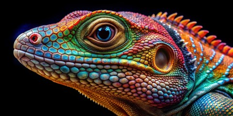 Fototapeta premium A Close-Up of a Rainbow Lizard's Head, showcasing its intricate scales and vibrant colors against a black background, lizard, reptile, colorful, macro, animal