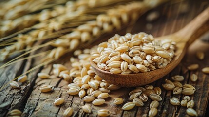 Obraz premium Pearl barley on spoon and wooden background promoting vegetarian food
