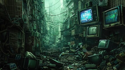 Discarded electronic waste in a dystopian cityscape, dark and moody atmosphere, Steampunk, Digital Art