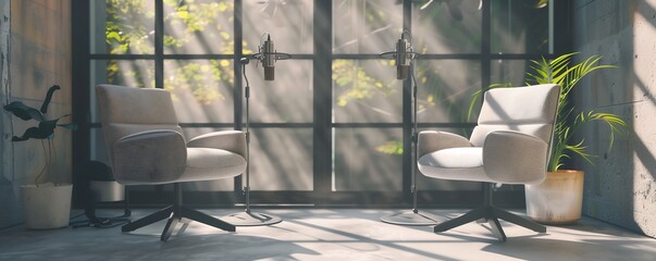 modern podcast streamers studio with microphone and chairs