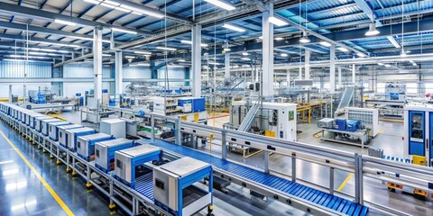 Fototapeta premium Conveyor Belt System in a Modern Factory, industrial, machinery, automation, manufacturing