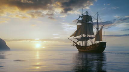 Fototapeta premium Sailing ship sailing at sea, sunset or sunrise, calm in the ocean
