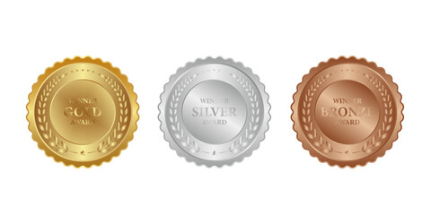 Set of gold, silver, bronze medals on a white transparent background.