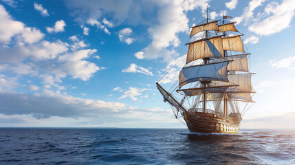 Sailing ship sailing at sea, sunny day, calm in the ocean