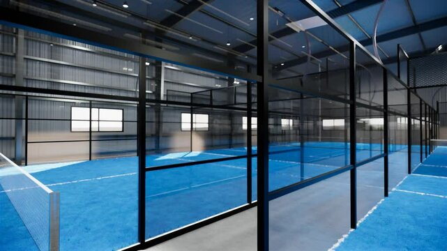 padel tennis courts inside empty warehouse sport complex buildings during the day
