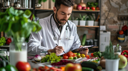The doctor is writing in the medical records in front of him, surrounded by various vegetables and fruits, while holding fresh vegetable and fruit slices with his other hand
