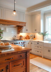 Cozy and inviting traditional kitchen with warm wood tones and classic styling soft lighting