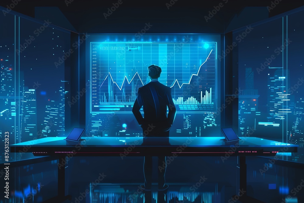 Poster a businessman stands before a large screen displaying financial data. the screen is illuminated in a