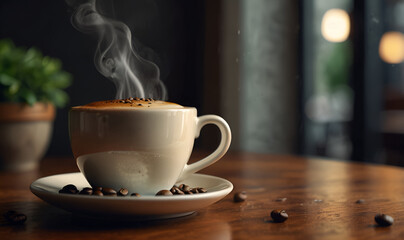 A cup of hot coffee on the table, coffee beans scattered nearby.