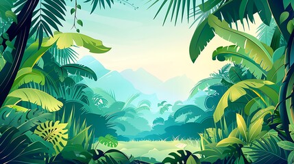 Lush Green Jungle Landscape with Towering Mountains in the Distance
