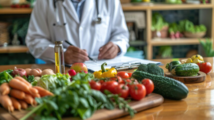 The doctor is writing in the medical records in front of him, surrounded by various vegetables and fruits, while holding fresh vegetable and fruit slices with his other hand